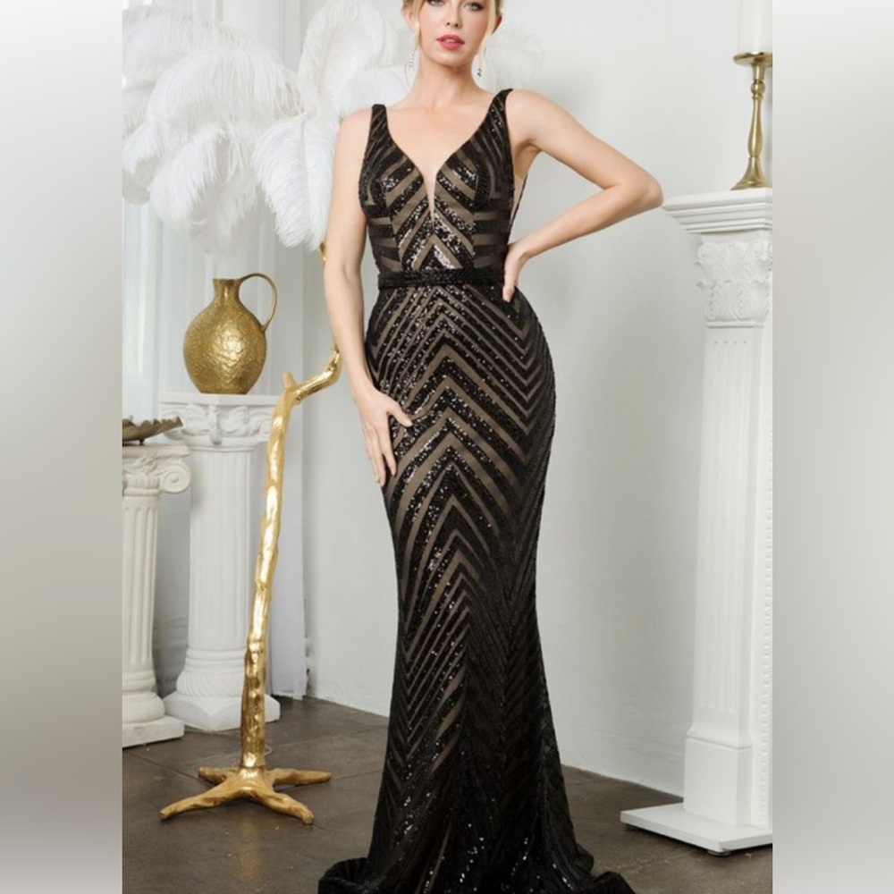 Black sequin stripe chevron dress, open back, mermaid style, size L by JUNO.